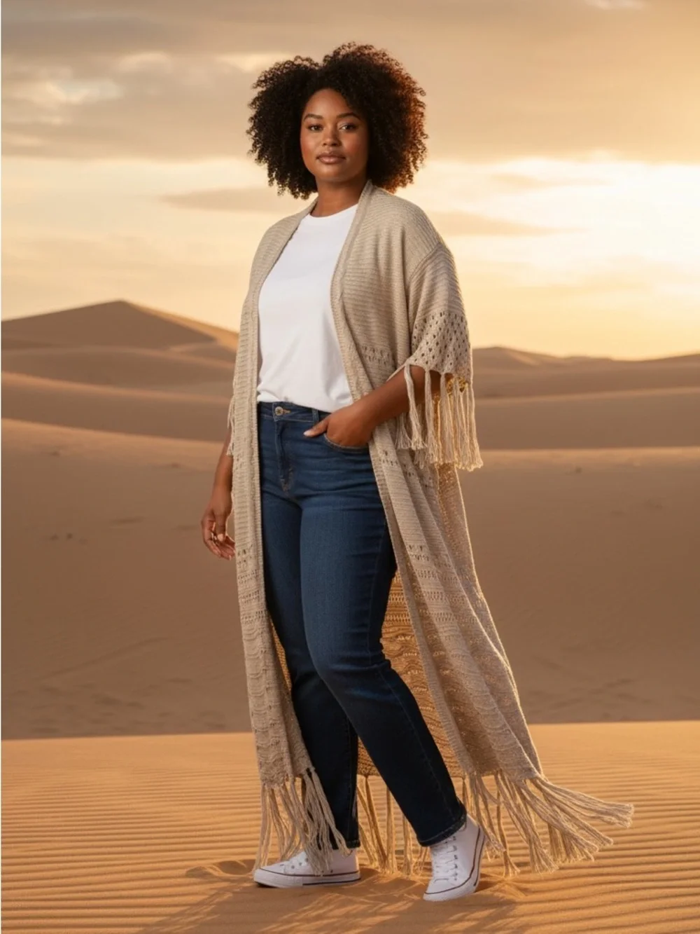 DAVI & DANI NWT Beige Fringe Duster Cardigan - Picture 1 of 10